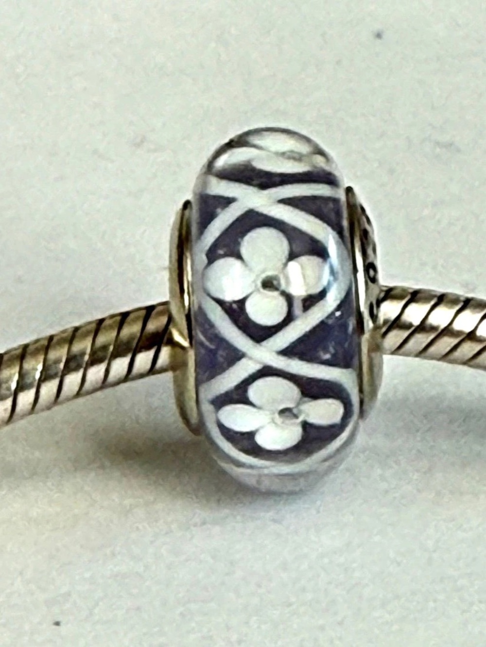 Purple and white Flowers Murano Glass Charm fit Pandora Bracelet